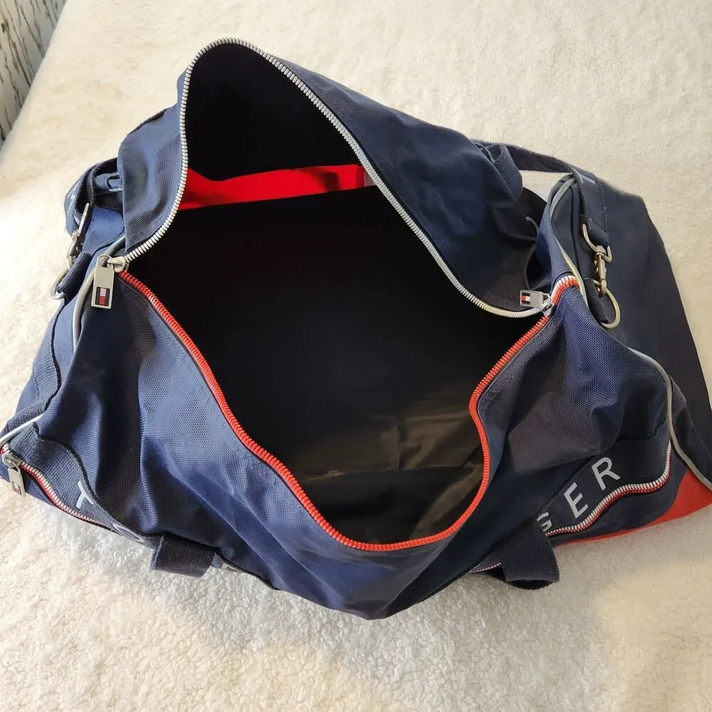 Vintage Tommy Hilfiger Duffle Bag Spellout Color Block 24” Weekender Gym w/Strap